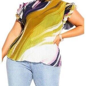 City Chic Colorful Wave Pleated Blouse Ruffled Sleeves Size 14